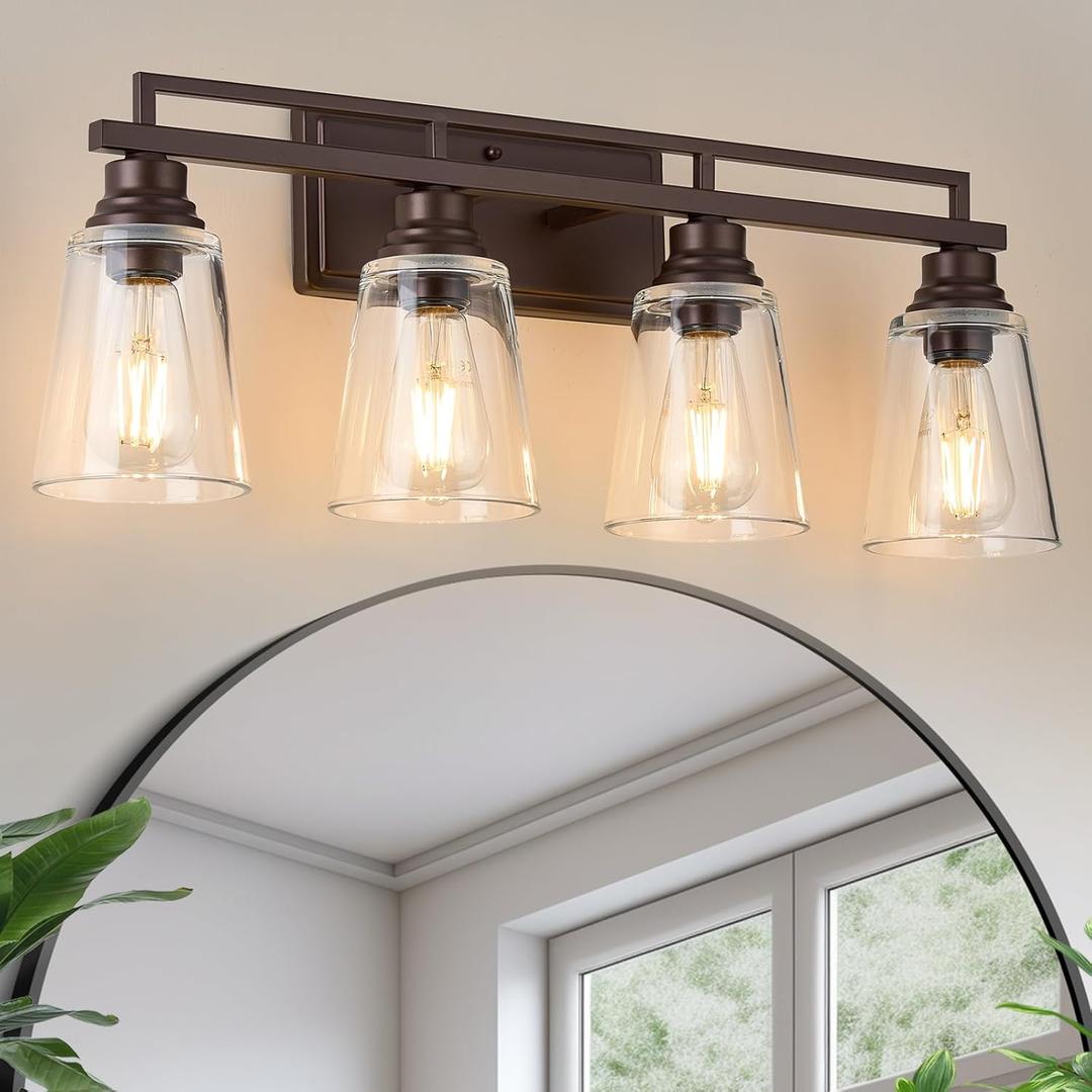 Refice 4-Light Bathroom Vanity Lights, Bathroom Light Fixtures with Clear Glass Shades, Vintage Oil Rubbed Bronze Wall Sconces Over Mirror for Living Room, Farmhouse, Hallway
