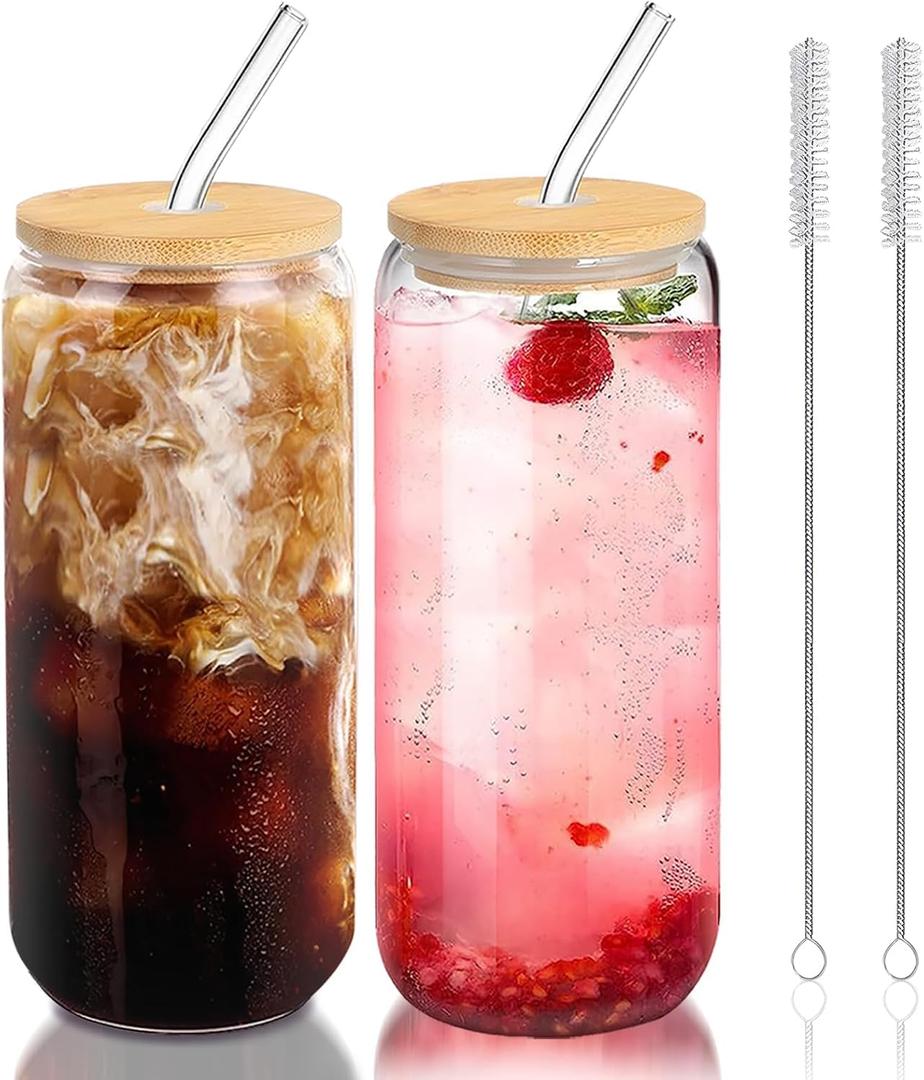 Glass Cups with Lids and Straws, Iced Coffee Cup, 20 oz, 2 Pack
Two 20 oz Can-Shaped Cups with Bamboo Lids, Straws for Everyday Cold Brew and Beer, Glass Coffee Cups