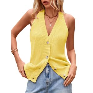 Women Sweater Vest Button Down V Neck Knit Tank Top Sleeveless Cardigans Yellow M (Yellow)
