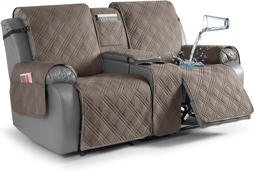 TAOCOCO Waterproof Loveseat Recliner Cover with Console, Non-Slip Reclining Loveseat with Console Cover with Pocket, Split Recliner Sofa Covers Furniture Protector for Pets Dogs(2 Seater, Taupe)