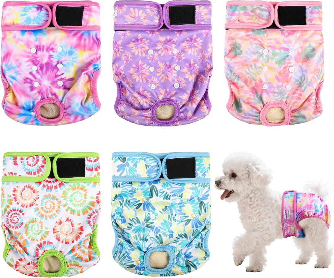 Dog Diapers Female 5pcs,Reusable Dog Doggie Puppy Doggy Diapers Female, Period Panties in Heat, Tiedye, X-Large