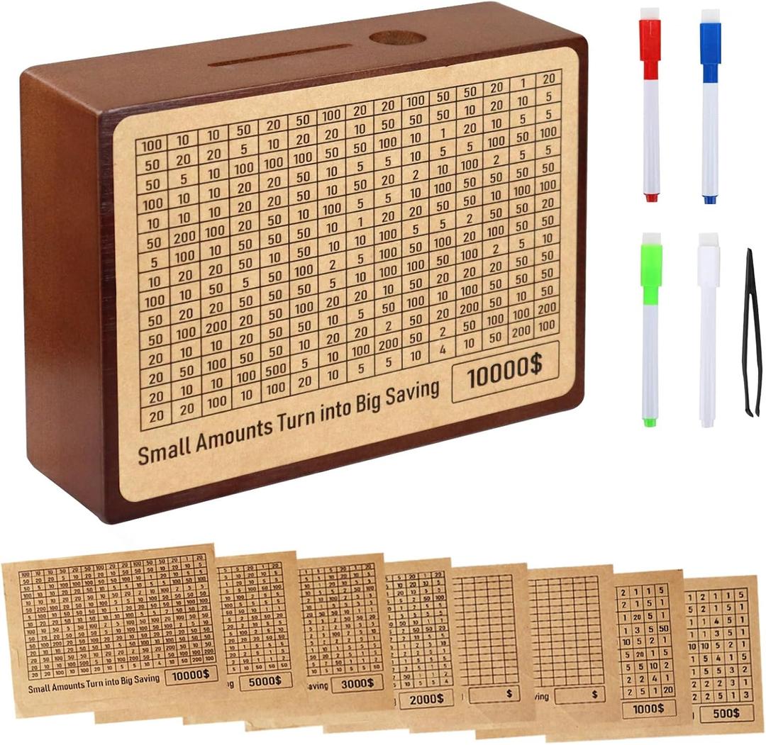 10000 Savings Challenge Box Wooden Money Saving Box Cash Vault Piggy Bank for Adults Kids One Piece Reusable Coin Bank with 8 Saving Targets/Dry Erase Pen/Tweezers