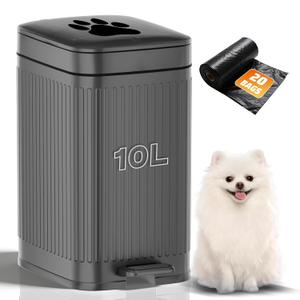 Dog Poop Trash Can Outside, 2.7Gal Dog Waste Trash Can with Lid, Foot Pedal, Dog Waste Container with 20 Bags, Pet Poop Bucket with Soft Close for Backyard Odor Control, Grey