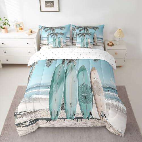 Manfei 7 Pieces Summer Beach Comforter Set Full Size, Sea Beach Surfboard Bedding Set, Tropical Palm Tree Bed in A Bag with Comforter,Fitted Sheet,Flat Sheet and Pillowcases, Kids Boy Room Decor