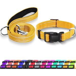 Reflective Dog Collar with Safety Locking Buckle, Adjustable Soft Breathable Nylon Collars for Small, Medium and Large Dogs(Collar+Leash XS Width 5/8" Yellow)