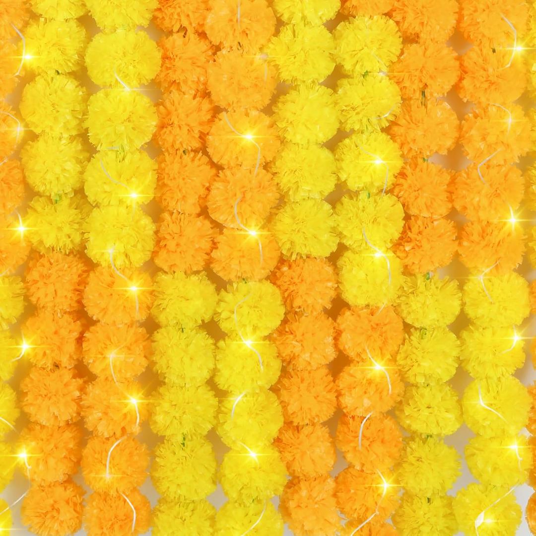 Marigold Garland with LED Lights, 5PCS 5FT Artificial Marigold Garland Indian Garlands for Decoration for Diwali, Pooja, Wedding Christmas Dcor (5Y/5O Cluster)