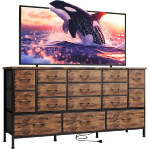 Fixwal 63.3 Inch TV Stand for Bedroom, 16 Large Drawer Dresser, Long TV Stand for 55, 65, 70 Inch TV with Power Outlets, Fabric Chest of Drawers for Bedroom, Living Room, Entryway, Rustic Brown