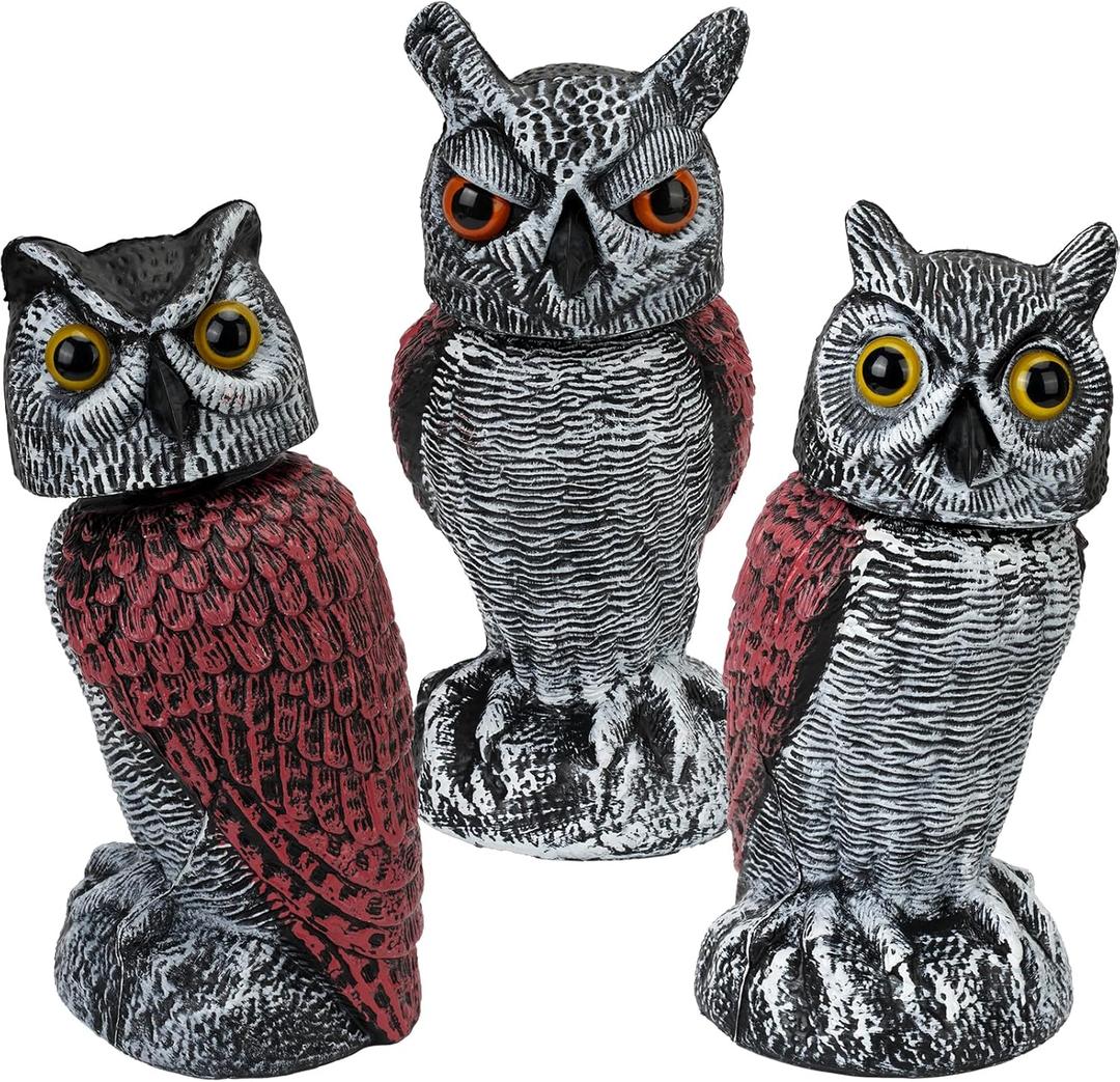 3-Pack Owl for Bird Deterrent - Weatherproof Bird Repellent Devices for Outdoor Use - Plastic Owls to Scare Birds Away and Control Garden Pests, Medium
