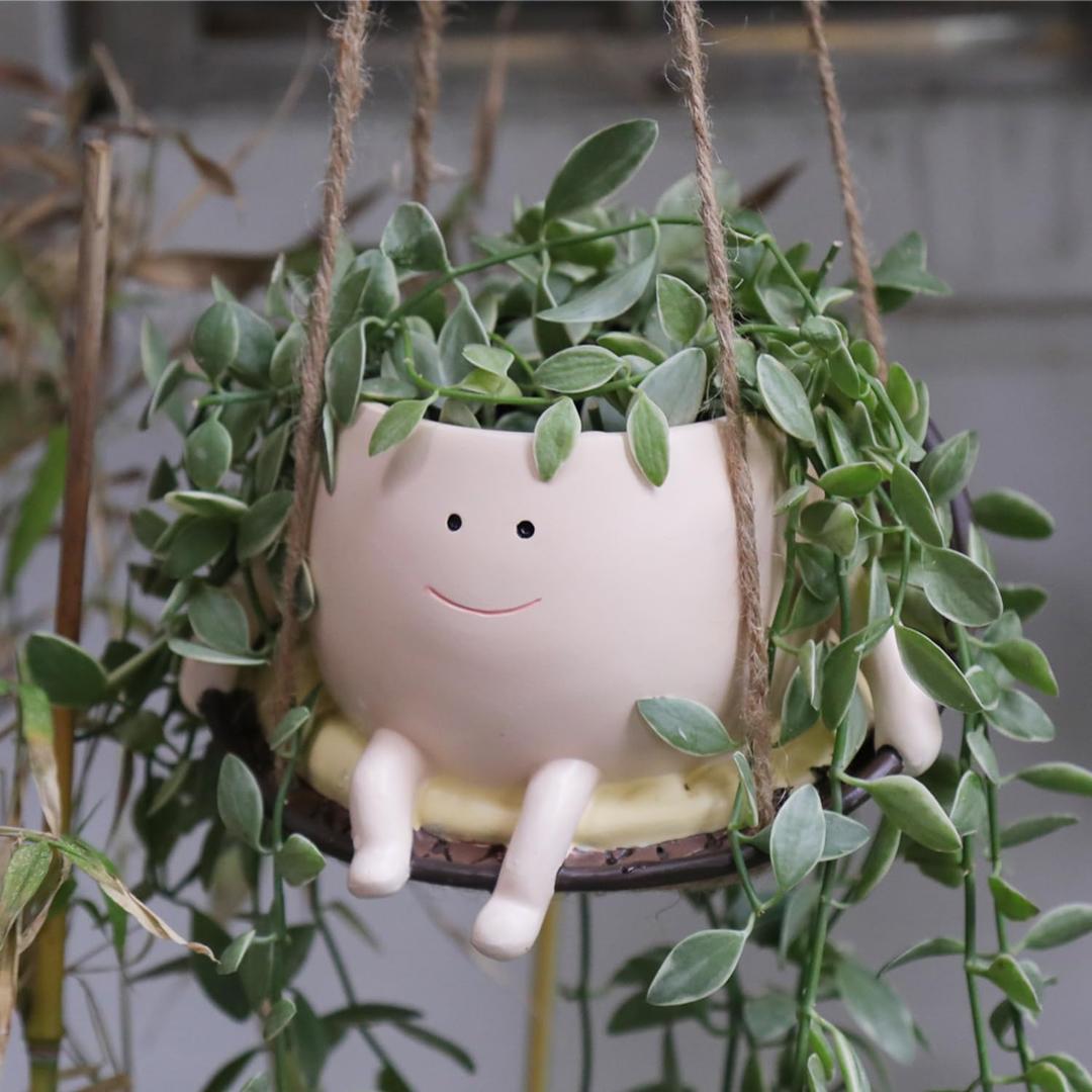 Hanging Swing Chair Planter Pot Resin Smiley Face Planter for Indoor Outdoor Plant Cute Head Flower Pots for String of Pearls Plant Live Unique Gift IdeaI for Mother Day, Christmas (Small) (Beige)