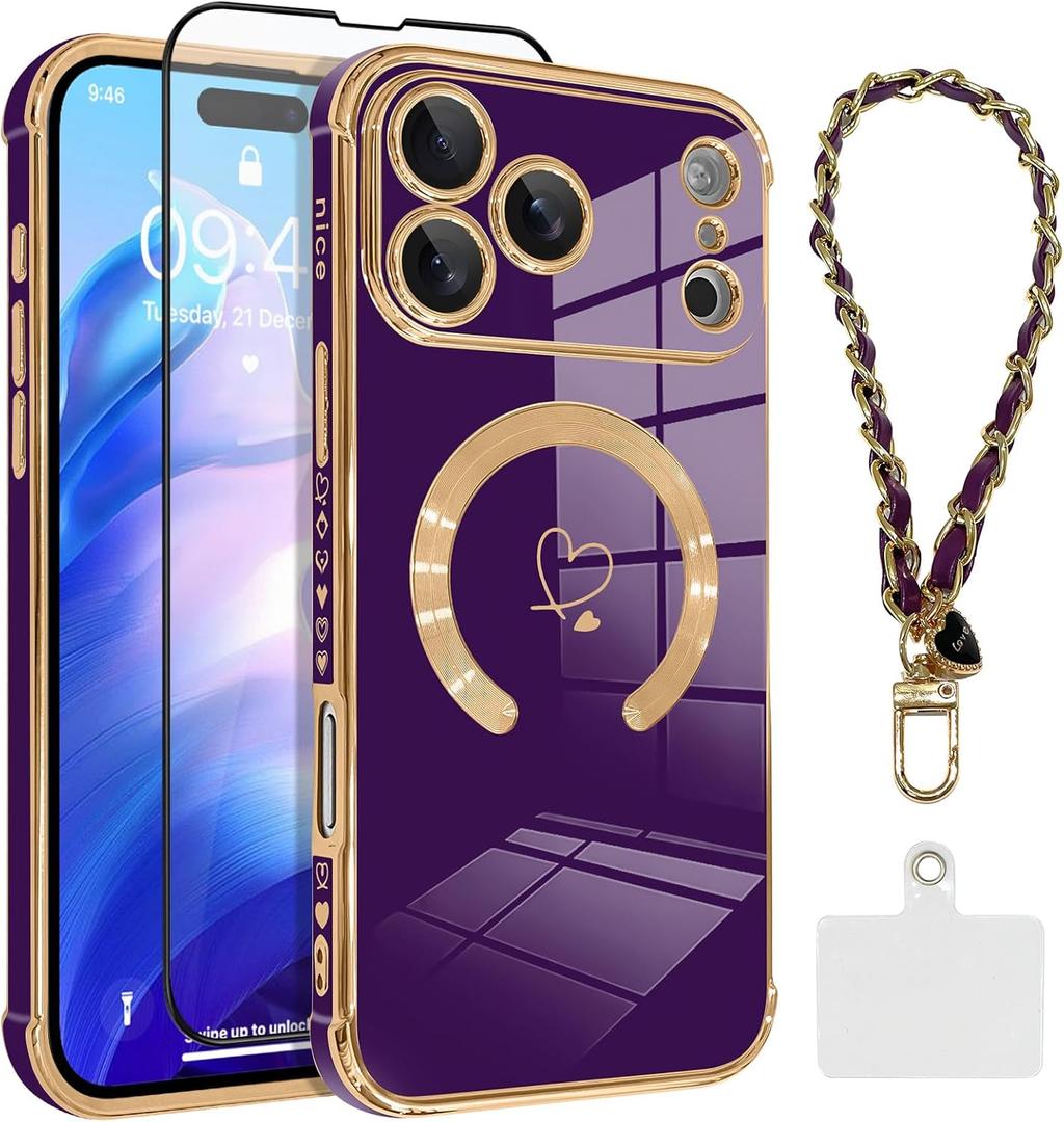 OOK Magnetic Phone Case iPhone 17 Pro Max 6.9 Inch [Compatible with MagSafe] Soft TPU Heart Phone Cover with Screen Protector Shockproof Protection Slim Case with Strap Lanyard for Women - Purple