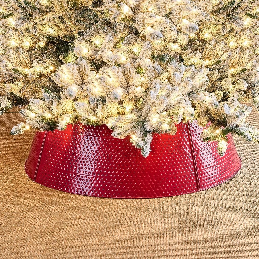 Glitzhome Christmas Tree Collar, 40.5" D Christmas Red Hammered Metal Tree Collar, Decorative Tree Stand Cover Tree Ring for Christmas Decor