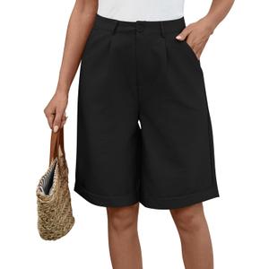 Bermuda Shorts for Women Knee Length High Waist 2025 Trendy Summer Dressy Casual Straight Leg Shorts with Pocket (Small, Black)