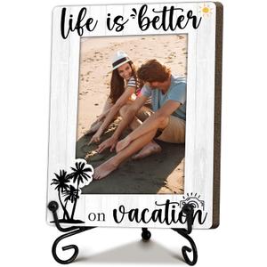 Eronm Solid Wood Beach Picture Frames for 4 x 6 Inch Photo, Life is Better on Vacation Wooden Photo Frame with Stand, Vacation Gifts for Family Friend, Home Office Desk Decor Party Decoration-A25