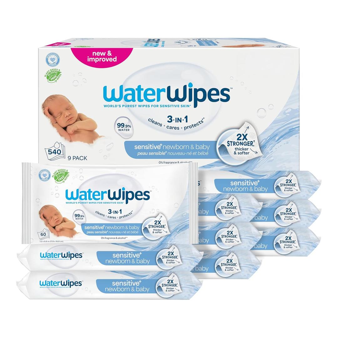 WaterWipes Sensitive+ Newborn & Baby Wipes, 3-In-1 Cleans, Cares, Protects, 99.9% Water, Unscented & Hypoallergenic, 540 Count (3 Packs)
