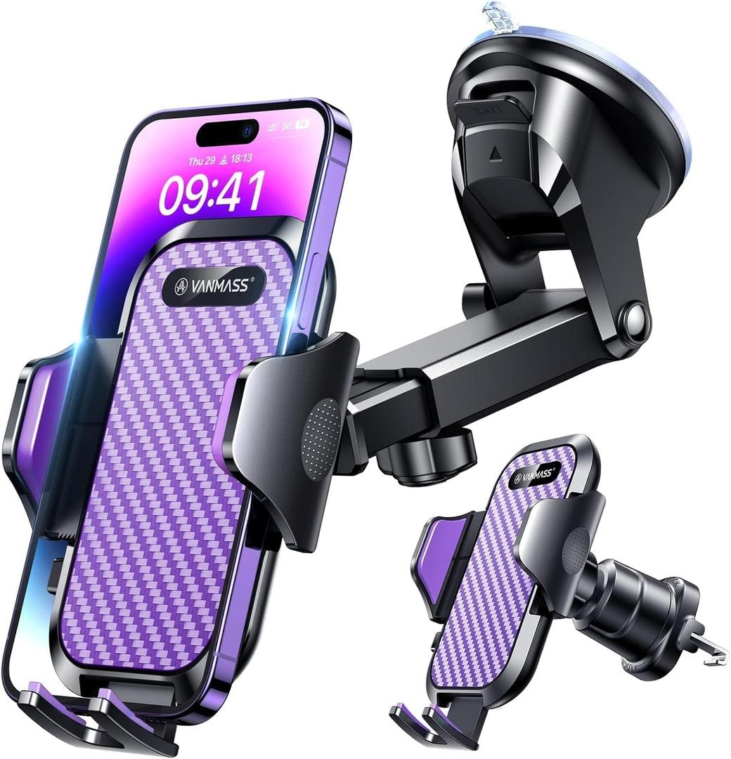 VANMASS [Longest Lasting] True Military-Grade Car Phone Holder Strongest Suction & Clip Cell Mount Dashboard Windshield Vent Automobile Cradle Truck Accessories for iPhone 16 15 Pro Max 14 13 Android (Purple)