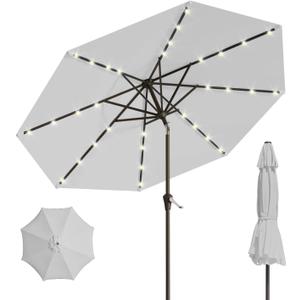 10FT Solar Umbrella 32 LED Lighted Patio Umbrella Table Market Umbrella w/Tilt and Crank, UV-Resistant Outdoor Umbrella for Pool, Garden, Deck, Light Gray