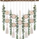 Boho Wall Decor Artificial Eucalyptus Bathroom Decor Fake Eucalyptus Greenery Leaves Stems Wall Hanging Plants on 16.5 inch Wooden Stick with Wooden Bead Rustic Farmhouse for Bedroom Nursery Kitchen (Cream Tassels With Wooden Chip and Stump)