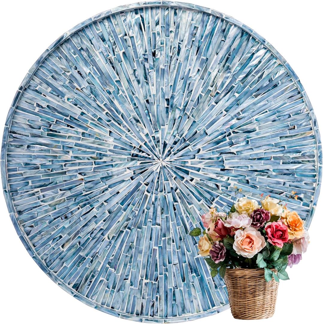 PEMAR 22" Round Mother of Pearl Extra Large Ottoman Tray with Raised Edge, Oversized Decorative Luxury Wooden Serving Tray for Food, Coffee Table, Breakfast in Bed (Blue Sunlight)