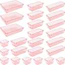 25 Pack Desk Drawer Organizer Set,Vanity and Desk Drawer Storage Bins,Clear Plastic Drawer Organizer Trays for Makeup,Office,Bathroom and Kitchen (Pink)