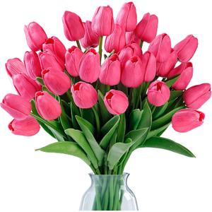 Sggvecsy 30 Pcs Fake Tulips Artificial Flowers Real Touch PU Faux Flowers Tulip Stems for Wedding Spring Bouquet Floral Arrangement Home Party Office Decorations for Mother's Day (Dark Pink)