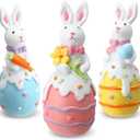 Wesiti 3 Pcs Easter Bunny Decorations Resin Easter Egg Figurines Spring Easter Rabbit Egg Flower Carrot Tabletop Decor for Easter Party Gifts Indoor Centerpieces Decorations
