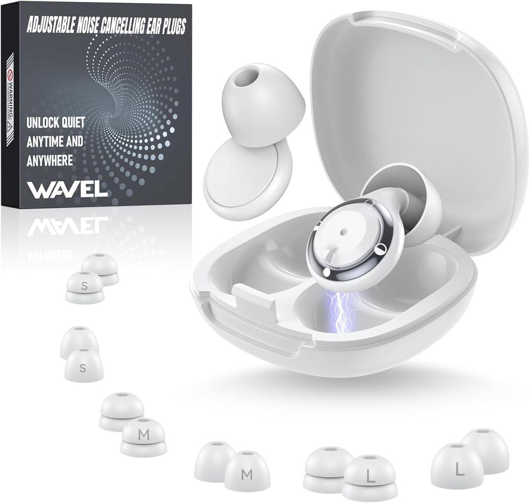 WAVEL Adjustable Ear Plugs for Sleeping Noise Cancelling - 3 Modes Noise Reduction EarPlugs (17-35dB) for Snoring, Travel & Concerts | 7 Pairs Silicone Tips (XS/S/M/L) | Magnetic Carry Case | White