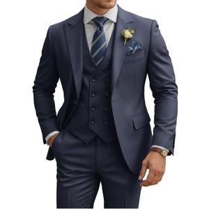 Mens Suit 3 Piece Slim Fit Suits for Men Double Breasted Suit Wedding Prom Suits Formal Business Dinner Tuxedo (Blue, L)