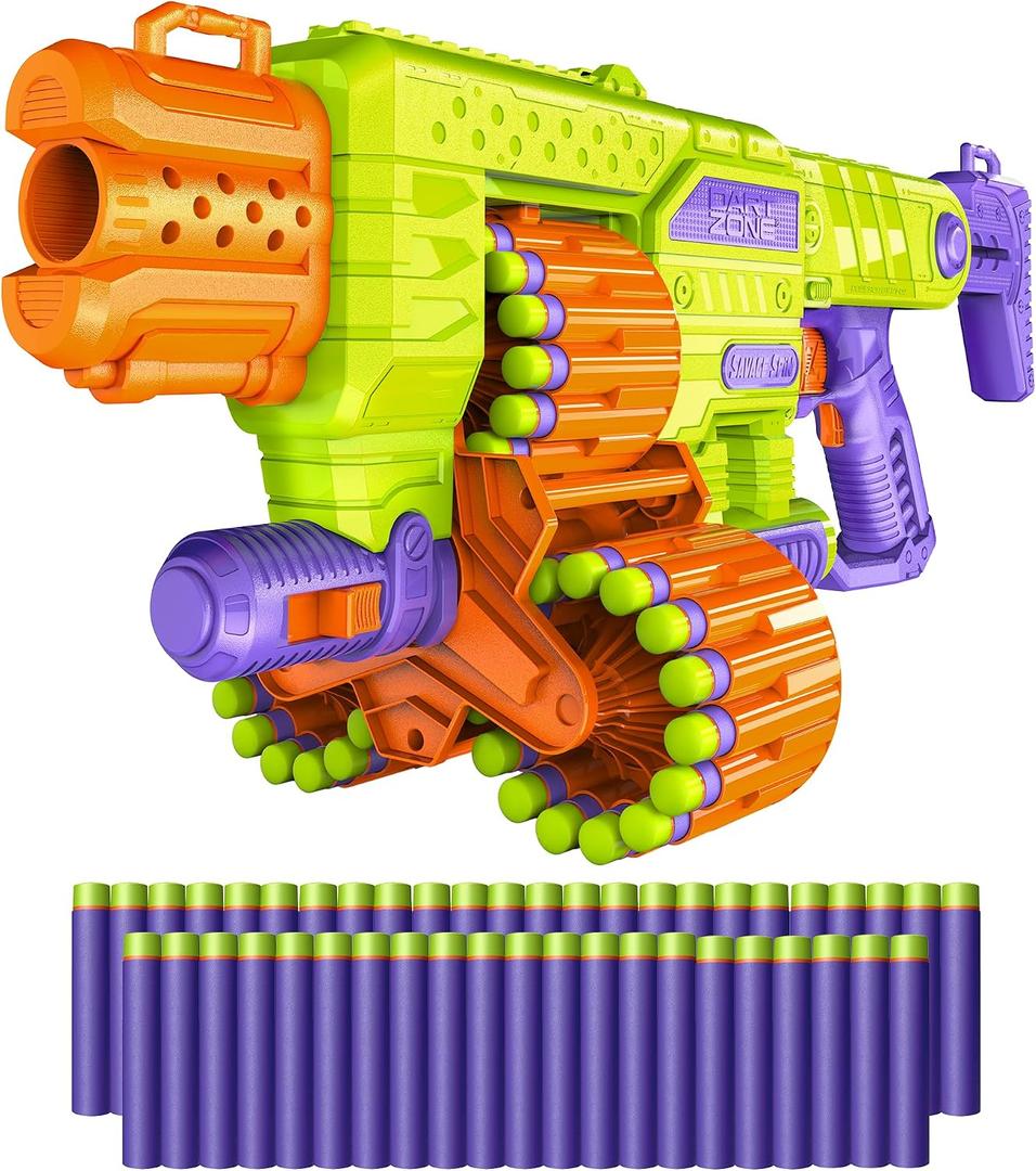 DART ZONE Savage Spin Semi-Auto Foam Dart Blaster 45-Dart Triple-Drum Motorized Foam Dart Gun NERF Dart Compatible Soft Bullet Toy Gun for Kids w. 90 Darts AKA Adventure Force Gun 80 ft Range, 21.65 inches