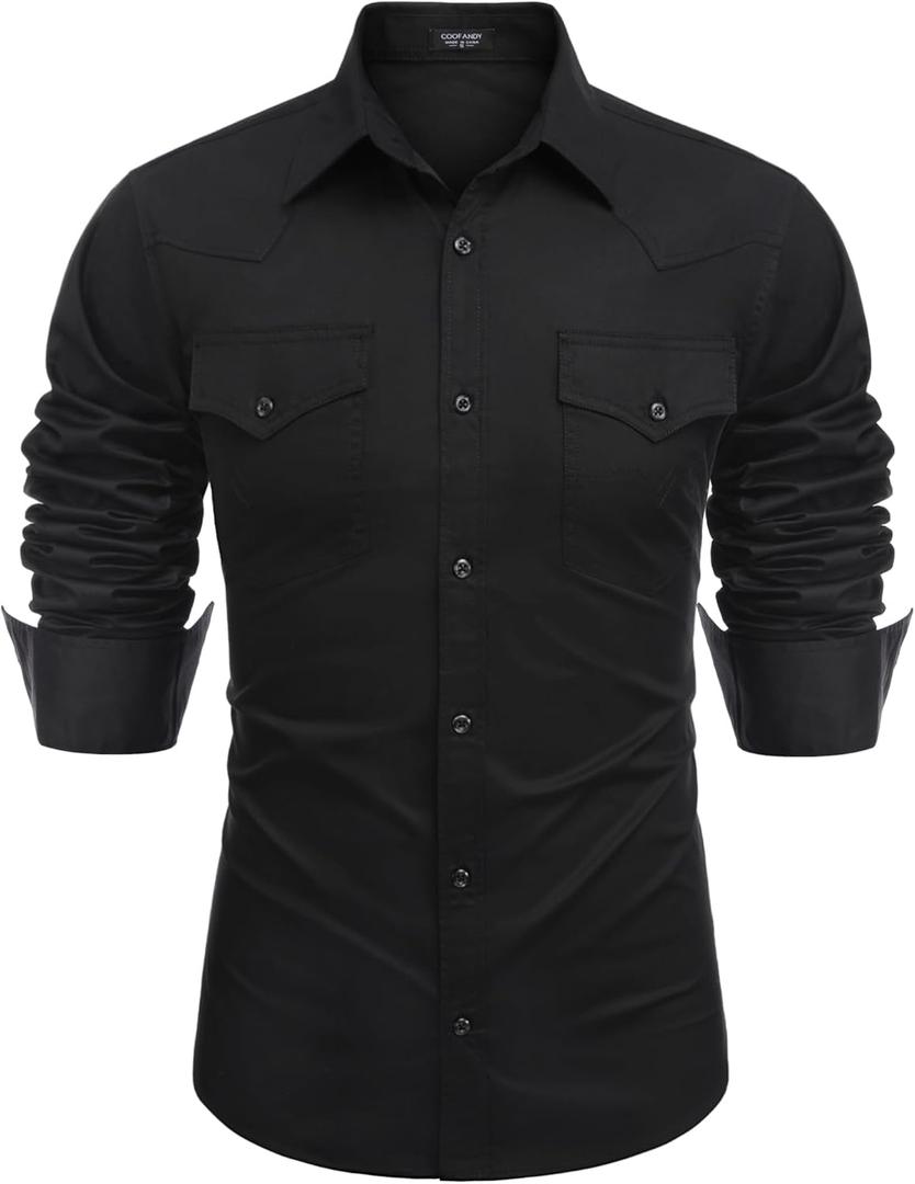 COOFANDY Men's Western Cowboy Shirts Long Sleeve Cotton Casual Button Down Work Shirt with Pockets (Medium)