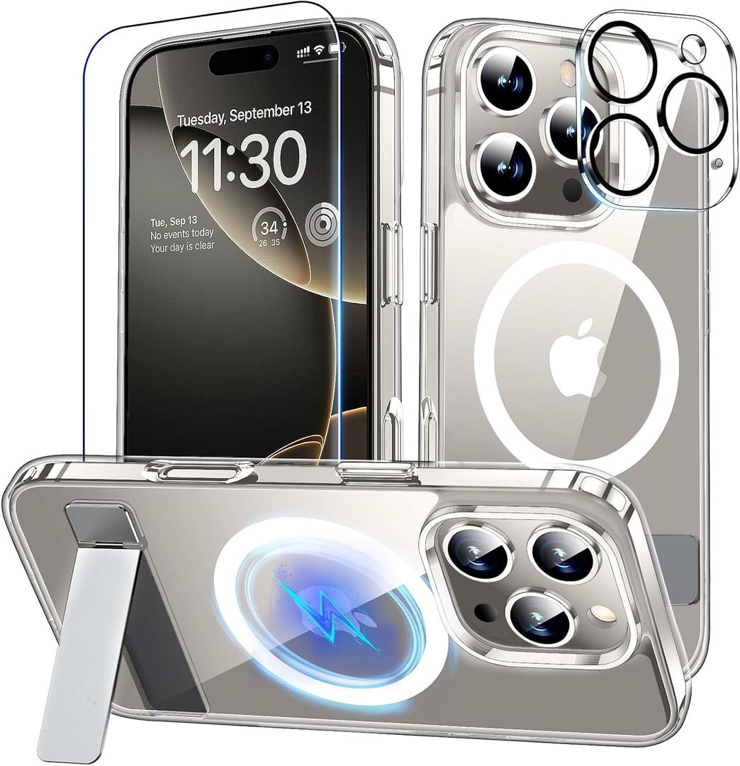 Xiwxi for iPhone 16 Pro Case with Kickstand,[Compatible with Magsafe][1*Screen Protector],Military-Grade Protection & Anti-Yellowing,Magnetic Phone Case for iPhone 16 Pro,Clear