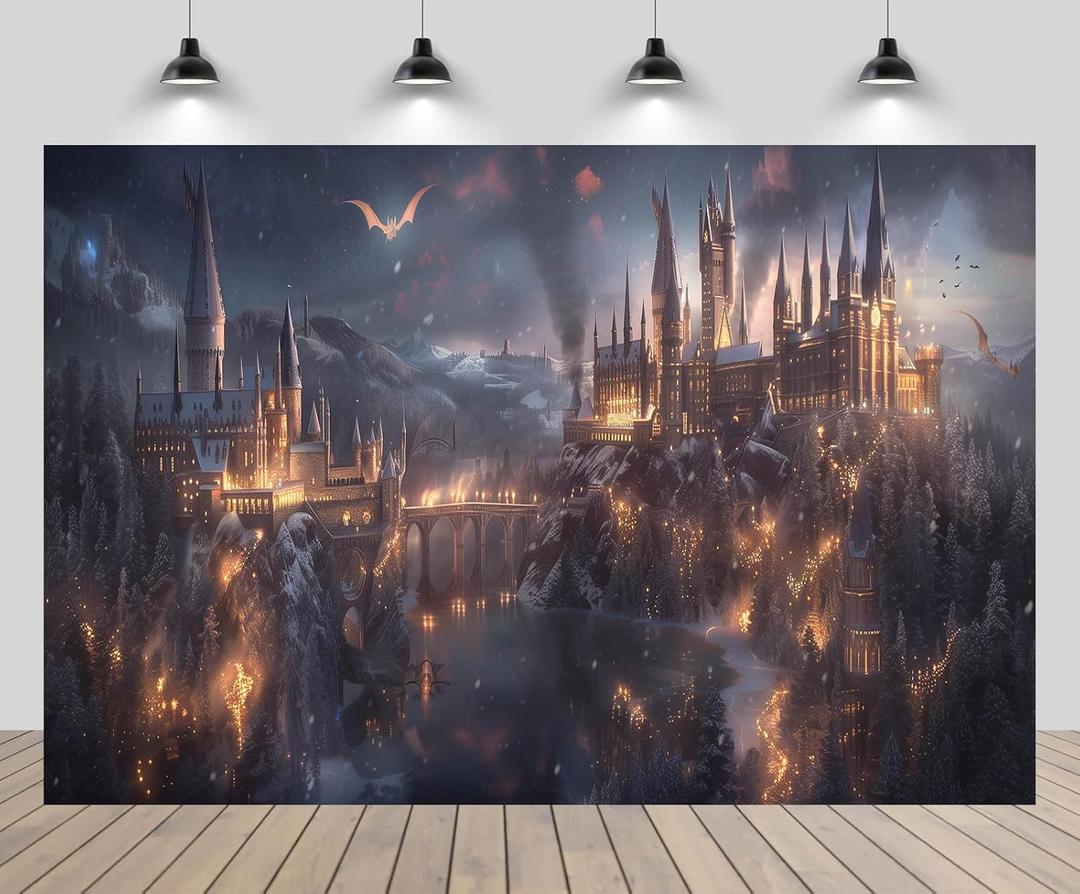 7x5ft Magic School Backdrop Wizard Castle School Black Woods Lake Forbidden Forest Bridge Falling Snow Scenery Background Kids Birthday Halloween Party Decor Photo Booth Studio Props