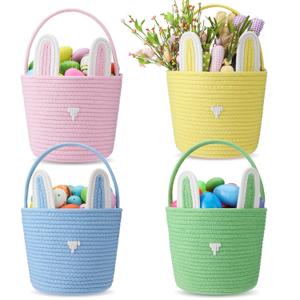Suzile 4 Pcs Easter Basket with Bunny Ears for Kids Cotton Woven Easter Egg Hunting Rabbit Shape Basket for Children Kids Babies Party Gifts, 9.8 x 7.8 x 7.8