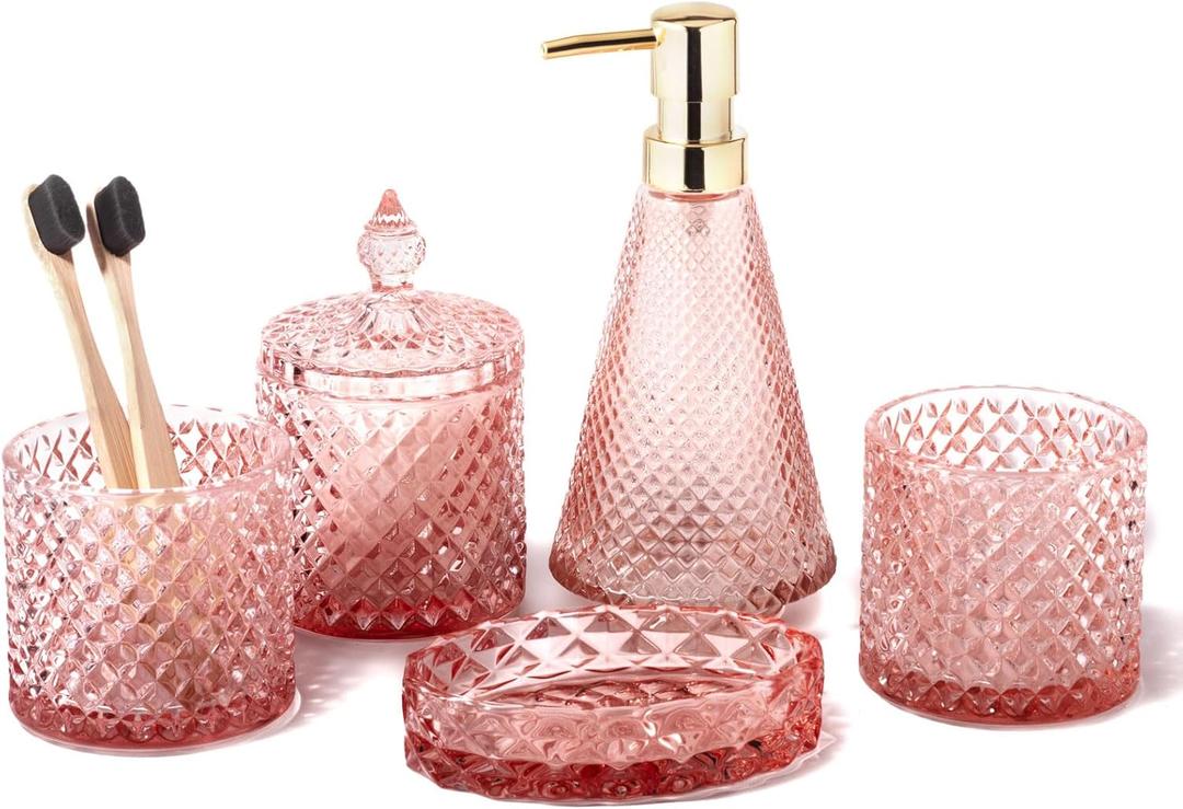 EMPO 5Pcs Diamond Glass Bathroom Accessories Complete Set, Triangle Vintage Lotion Dispenser, Soap Dish, Toothbrush Holder, Tumbler, Cotton Swab Jars, Modern Decor, Housewarming Gift Set (Fresh Pink)