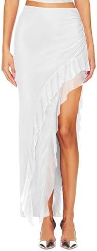 WISFRUIT Women's Sexy Ruched Mesh Skirt High Waisted Asymmetrical Flowy Ruffle Bodycon Long Skirts, size -L