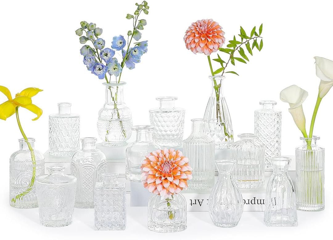 SUPMIND 16pcs Glass Bud Vase Set, Small Clear Flower Vases for Centerpieces in Bulk, Cute Mini Vintage Vase for Wedding, Home Decor, Table Decoration