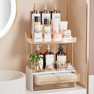 Delamu Bathroom Organizers and Storage, 2-Tier 2-Drawer Makeup Organizer Countertop, Easy to Install, Ideal for Bathroom Storage, Vanity, Large Skincare, Perfume, Present, and More, Amber Broken