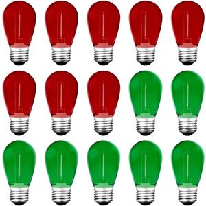 Meconard S14 Colored LED String Light Bulbs,1 Watt Plastic Shatterproof Waterproof Outdoor Indoor Replacement Bulbs for Home Decor, E26 Medium Base, Red Green Light Bulbs, 15Pack