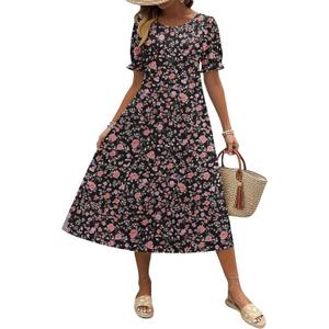 Zeagoo Womens Summer Dress Casual Midi Dresses 2026 Short Puff Sleeve Flare Dress Pleated Flowy Sundress with Pockets (X-Large, Black Floral 02)