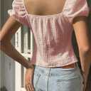 MakeMeChic Women's Summer Y2K Puff Sleeve Tee Top Scoop Neck Textured T Shirt Crop Tops (Pink, XL)