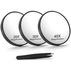 Macaki 20X/30X/40X Magnifying Mirror with Suction Cups and Tweezers Set, 3.5 inches Travel Magnified Makeup Mirror, Black, 3PCS