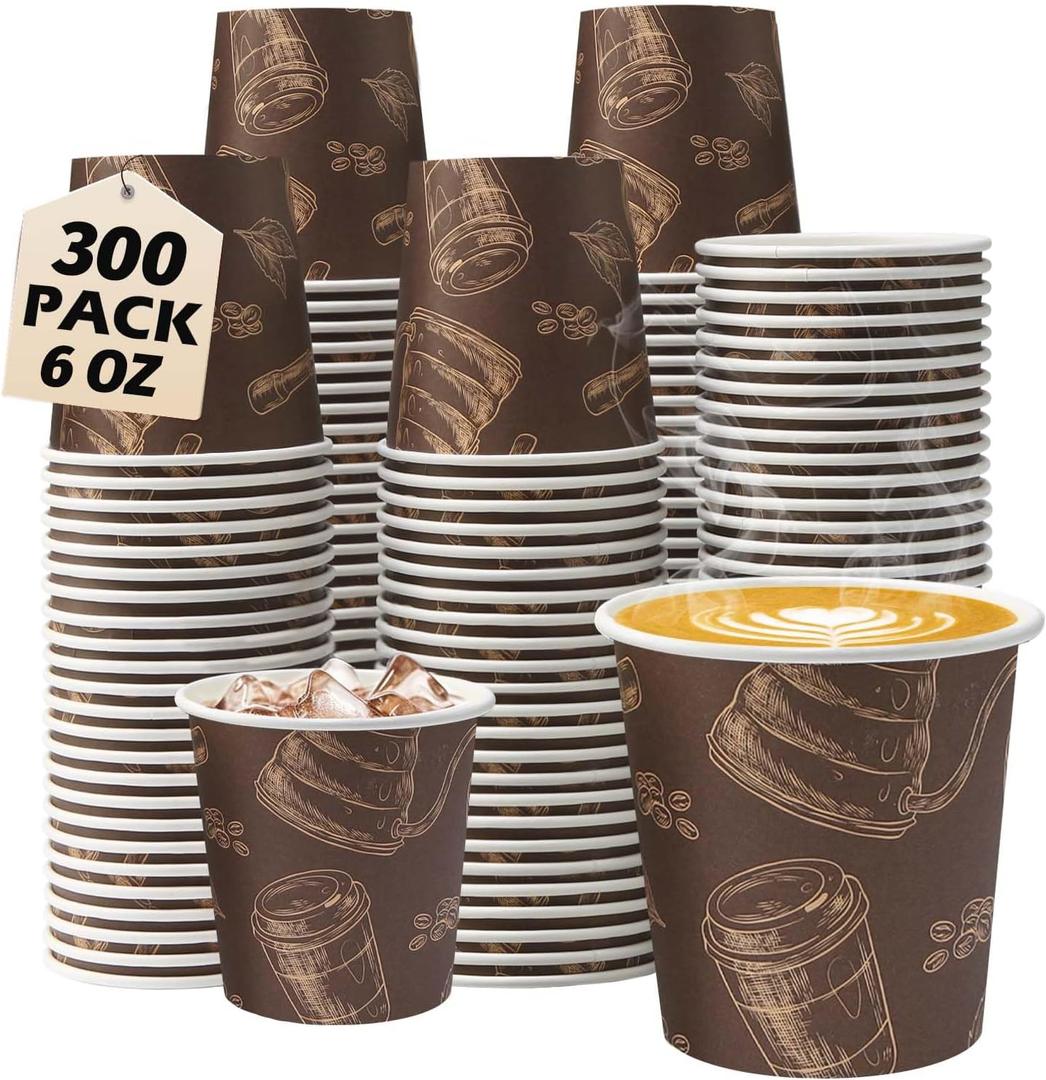 300 Pack 6 oz Disposable Paper Cups, Food Safe Paper Coffee Cups Hot Cold Beverage Drinking Cup for Coffee, Water, Tea, Juice, Espresso