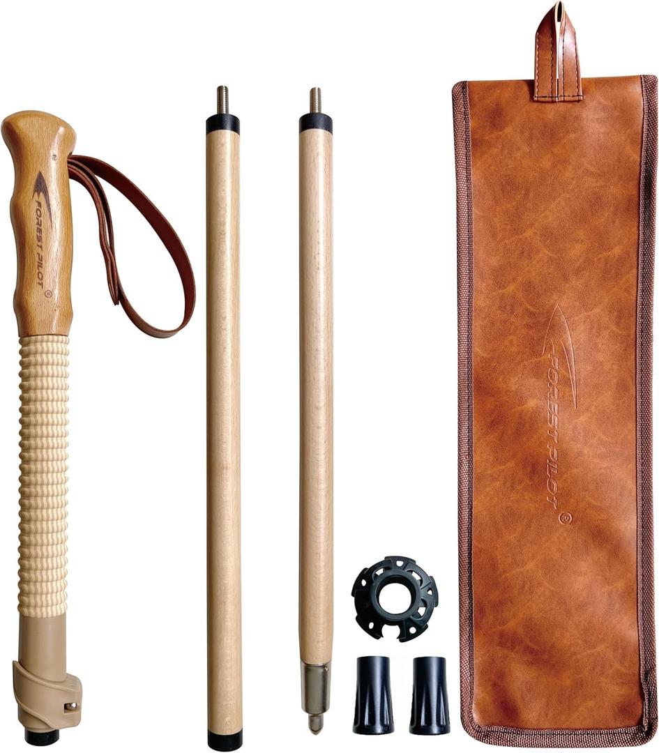 Trekking Poles- 1-pc Pack - Adjustable Hiking or Walking Stick Strong, Natural Beech Wood - Quick Adjust Flip-Lock - Beech Wood Grip, Leather Strap (Brown)