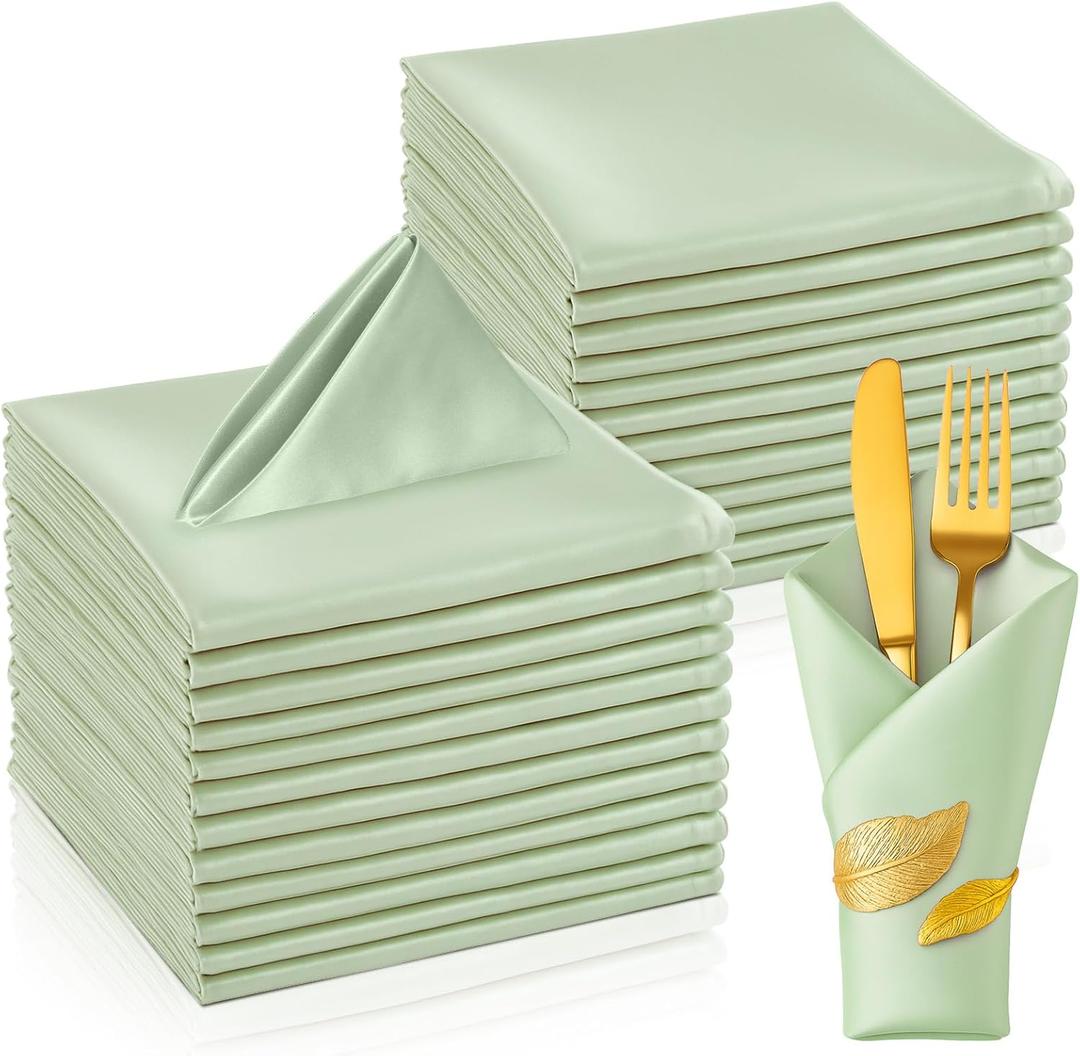 100 Pcs Sage Green Napkins, 17 x 17 Inch Square Satin Napkin Washable Reusable Dinner Napkin Soft Smooth Cloth Napkins for Christmas, Halloween, Weddings, Banquets, Parties, Restaurant