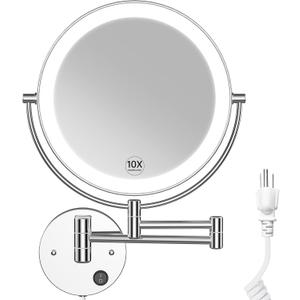 Benbilry 9" Large Size Wall Mounted Lighted Makeup Vanity Mirror, 1X/10X Magnifying 2-Sided AC Plug-in Powered Bathroom Mirror, 360 Swivel 13 Inch Extendable Arm, Chrome