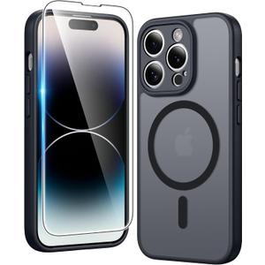 FNTCASE for iPhone 14 Pro Case: Matte Magnetic Phone Cases with Screen Protector Compatible with Magsafe Slim Anti Yellowing Rugged Shockproof Protective Translucent Cell Phone Cover (C-Black)