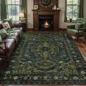 Tangsoo Green 5x7 Washable Rugs for Living Room, Vintage Non Slip Indoor Room Rug, Oriental Print Distressed Large Rugs Carpet Soft Low Pile Floor Rug for Dining Room Bedroom Dorm Olive Green