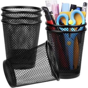 QYH Mesh Pencil Holder Metal Pen Cup Black for Desk 6 Packs, Office Caddy Storage
