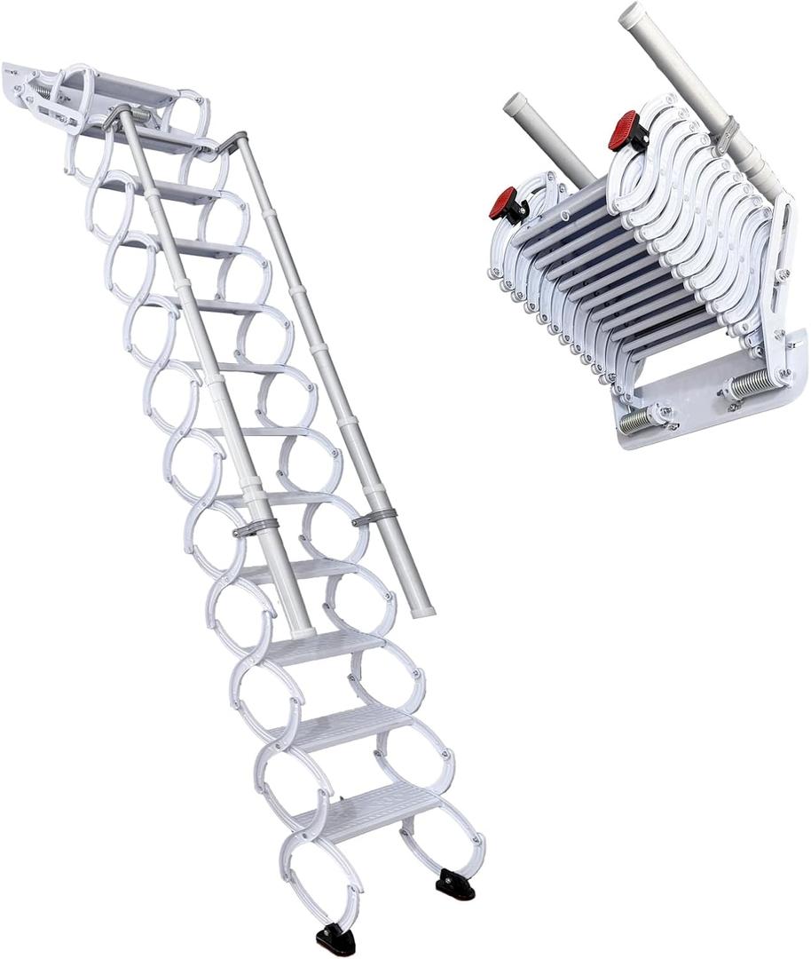 Wall Mounted Folding Ladder with Handrails, Pull Down System Attic Stairs, Telescopic Attic Ladder, 12 Pedals, Attic, Basement, Warehouse, Passage Folding Stair (White, 12-Steps)