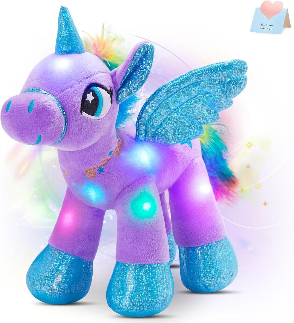 Houwsbaby 14'' Purple LED Light Up Unicorn Stuffed Animal,Unicorn Plush Toy,Glowing Horse Plush Toy Night Light Glitter Present for Kids Boys Girls Present for Easter Birthday Festival Christmas