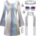 70s Disco Outfit Women, 70s Theme Disco Dress Costume Shiny Go Go Dress for Halloween Birthday Dance Party (Medium, Multicolor)
